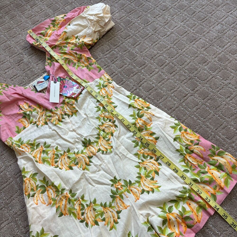Farm Rio x Anthropologie V-Neck Puff-Sleeve Linen Romper Women's M Pink Tropical - Picture 9 of 10